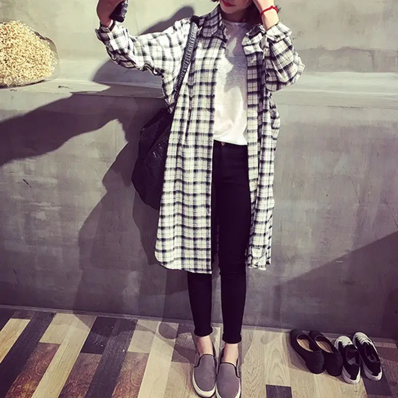 

2018 Autumn Women Long Shirt Women Long Sleeve Plaid Blouses Tops