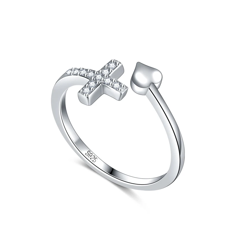 

New Design Adjustable Cross Ring Woman Solid 925 Sterling Silver Charm Heart Shaped Ring Wedding Jewelry Valentine's Day Gift