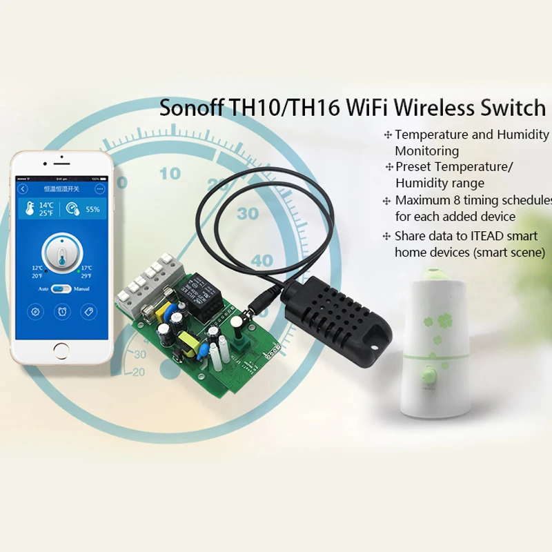 Интеллектуальный выключатель света Sonoff TH10/16 Температура и контроль влажности Интеллектуальный переключатель Wi-Fi в режиме реального времени Дисплей 10/16A IOS Android дистанционного Управление ВКЛ/ВЫКЛ