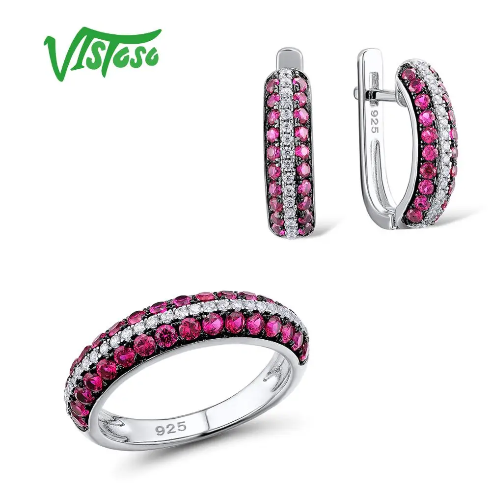 

VISTOSO Jewelry Sets For Woman Created Ruby White CZ Stones Jewelry Set Earrings Ring 925 Sterling Silver Fashion Fine Jewelry