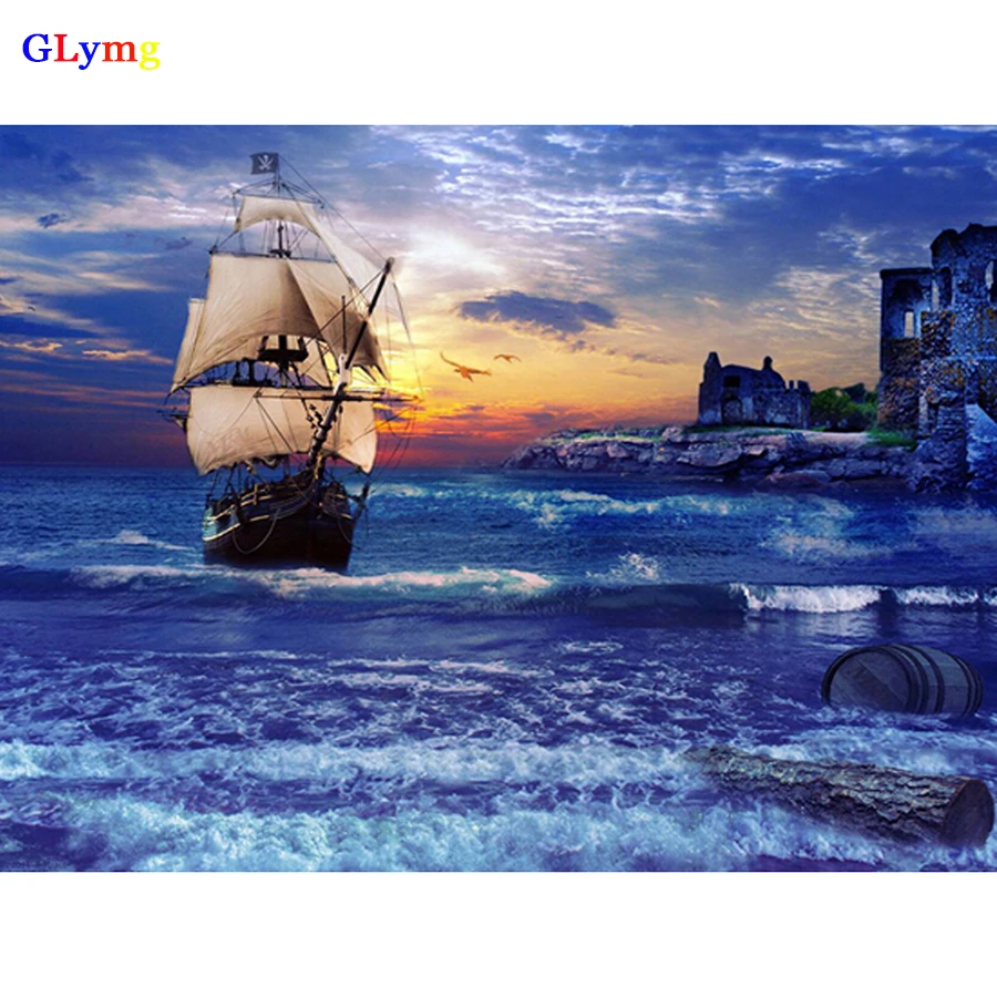 GLymg Diy Embroidery Handicrafts Sailboat Ship Diamond Painting Cross Stitch Sea Scenery Full Square European Home Decor Picture