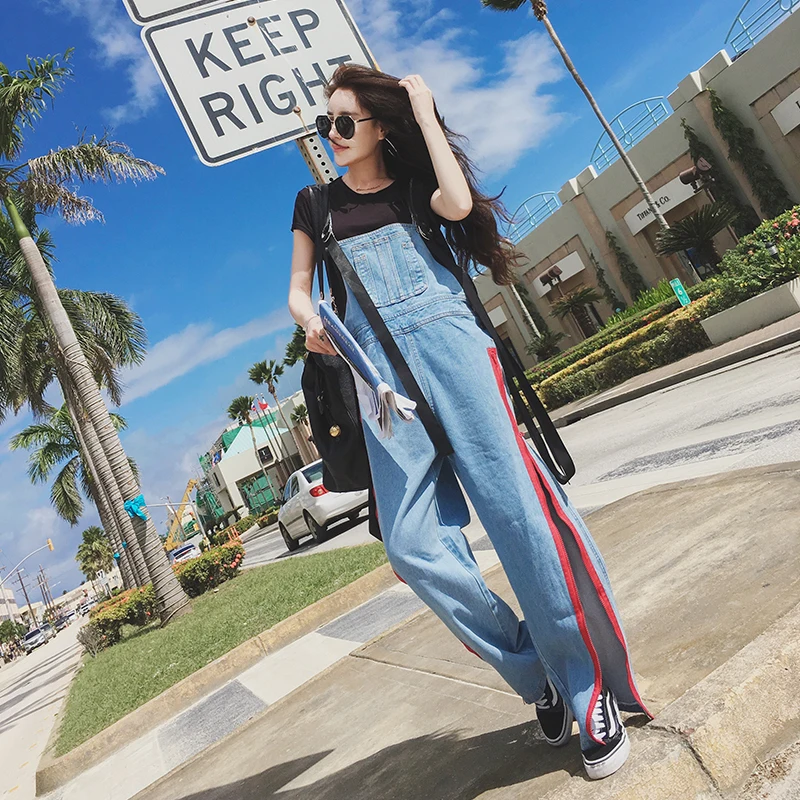 

Retro 2017 Light Color Wide Leg Pants Loose Denim Bib Pants Fashion Female Straight Pants