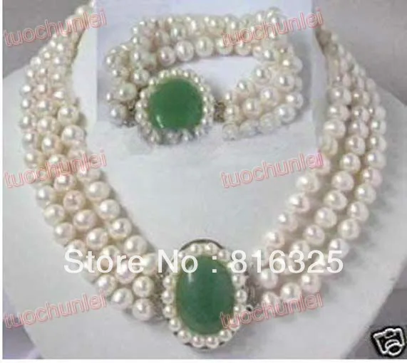 

Fast shipping +Noblest 3 Rows White Freshwater Pearl Green Jade Clasp Necklace Bracelet Set (A0516)