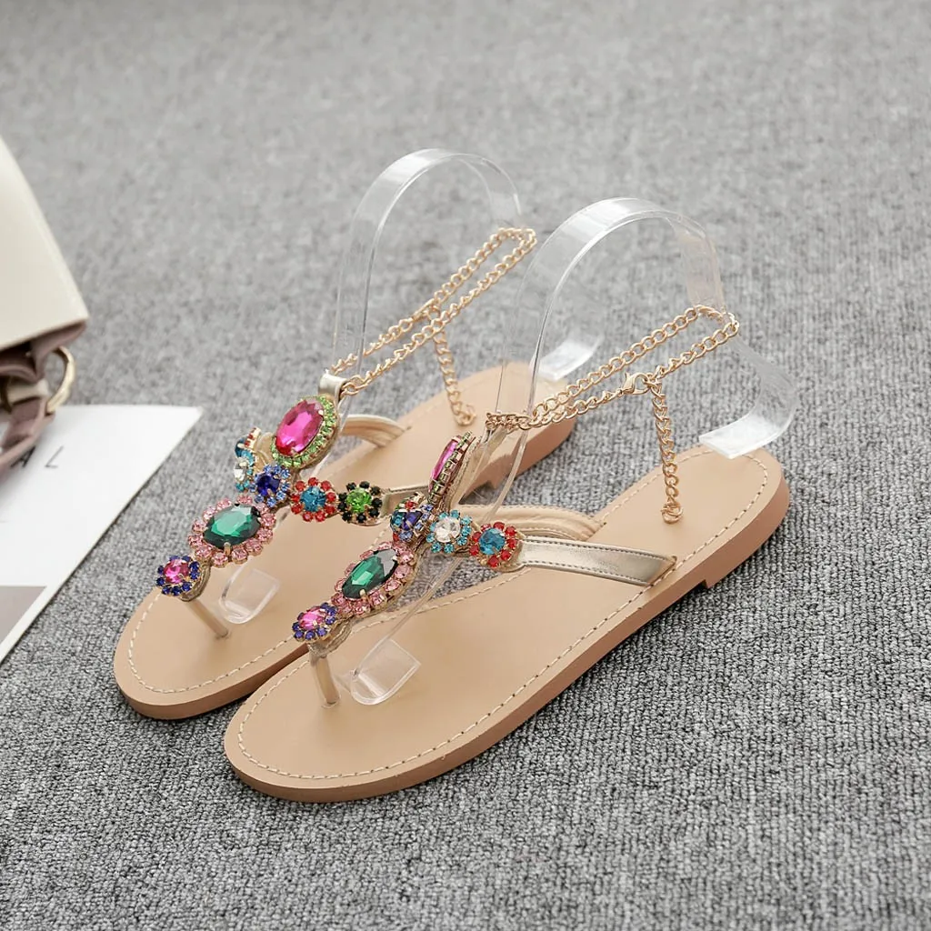 Bohemia Rhinestones Chains woman Sandal New arrival Flat Crystal Flip Flops women' s sandals with jewels chaussures femme|Боссоножки и