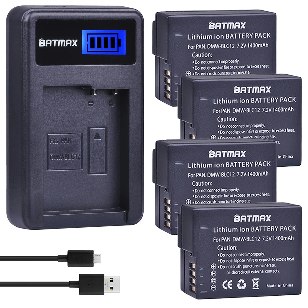 4Pcs DMW BLC12 DMW BLC12E BLC12 Batteries + USB LCD Charger for