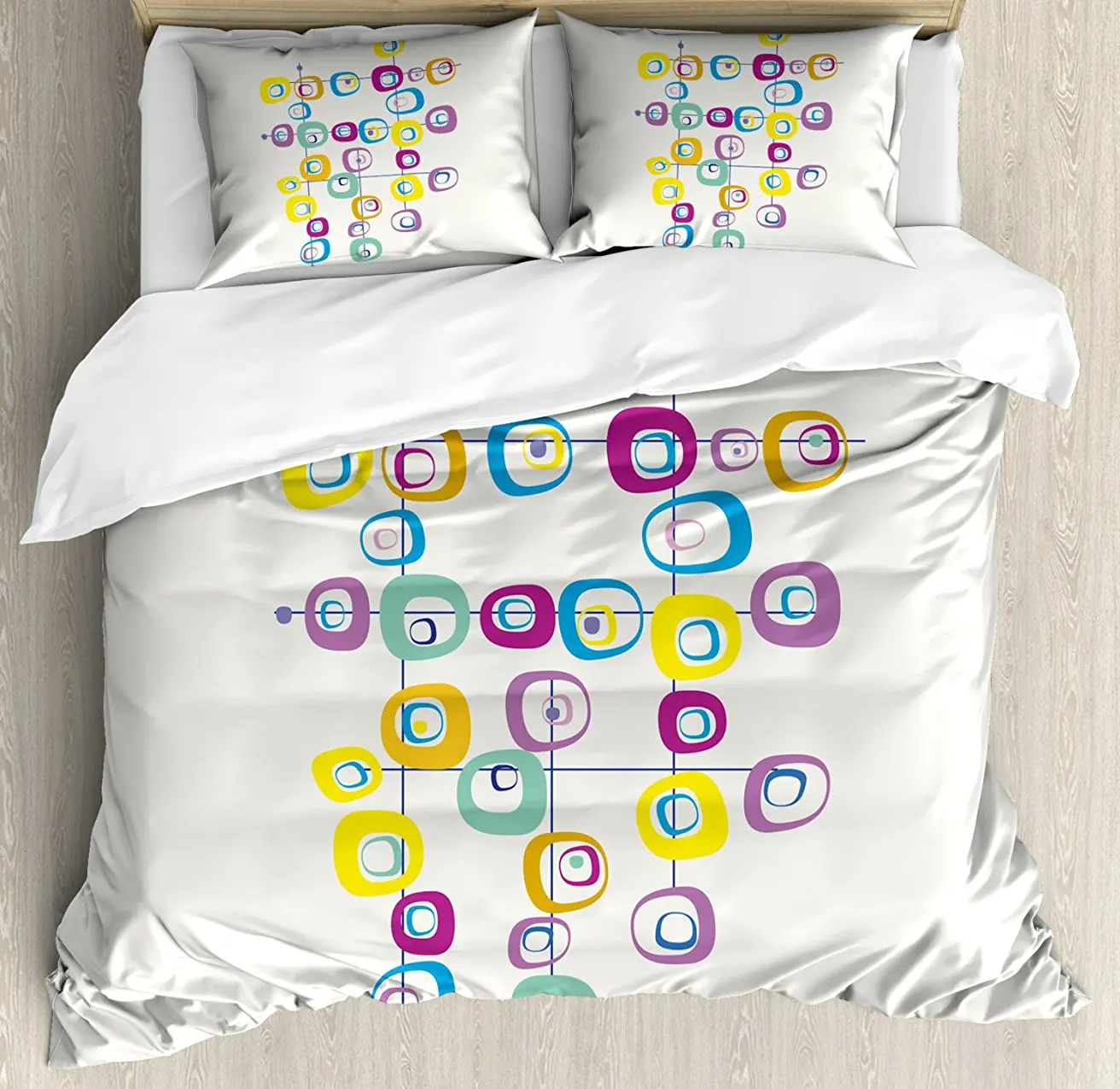 

Mid Century Duvet Cover Set Hippie Artistic Squares on Intersecting Lines Colored Cool and Crazy Themed Art, 4 Piece Bedding Set