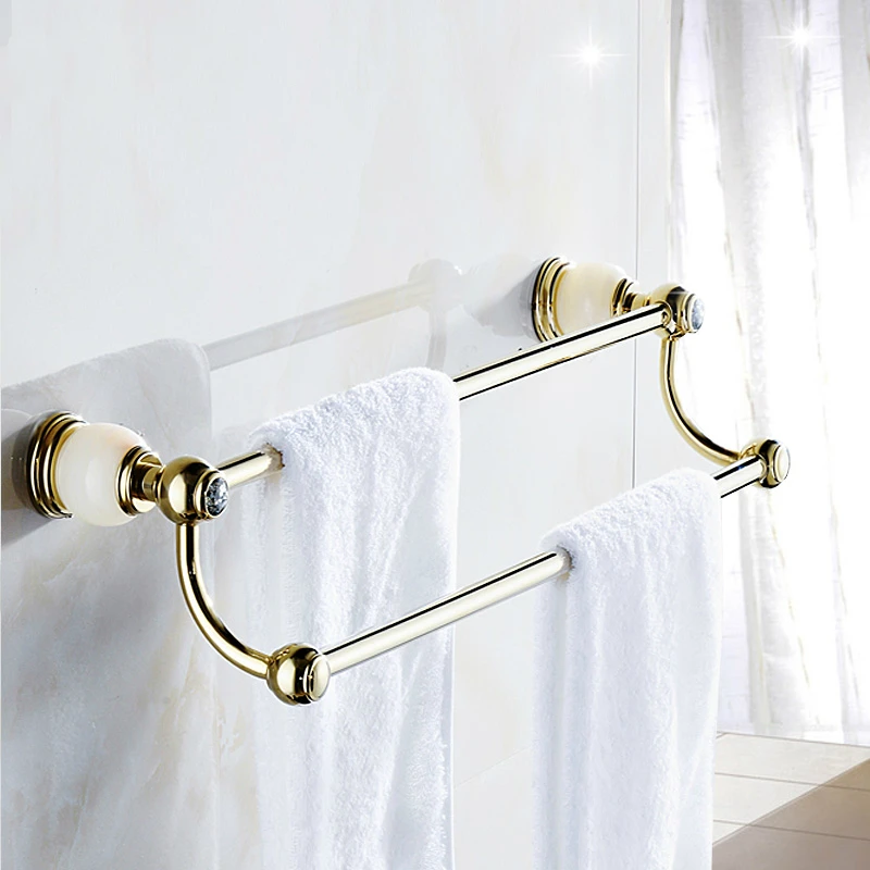 

Vintage Jade Base Titanium gold Towel Bar Towel Rod Plating Copper Polished Towel Rack 2-Layer Wall Mount Bathroom Products tl4
