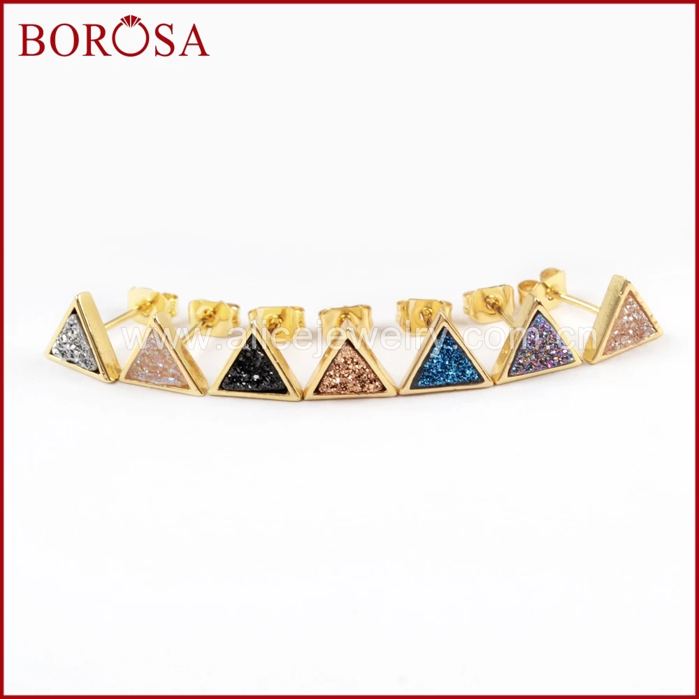 BOROSA 5/10 пар треугольник золотой цвет Радуга титановая Друза серьги гвоздики