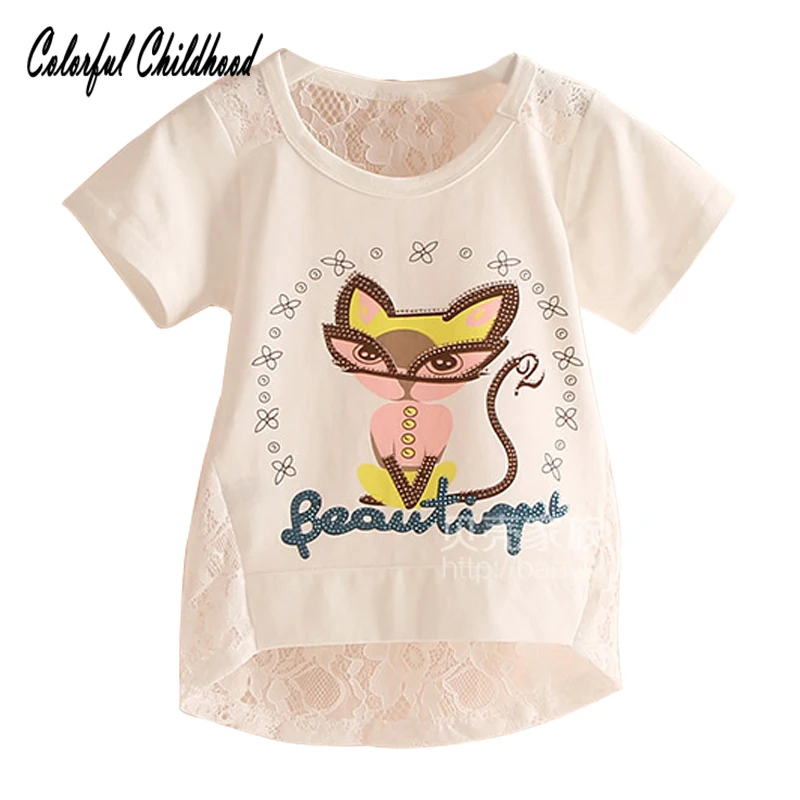 

Summer Children Clothing girls Tops 2018 Kid t shirts short-sleeve princess lace Shirt cartoon fox Print toddler baby Clothing
