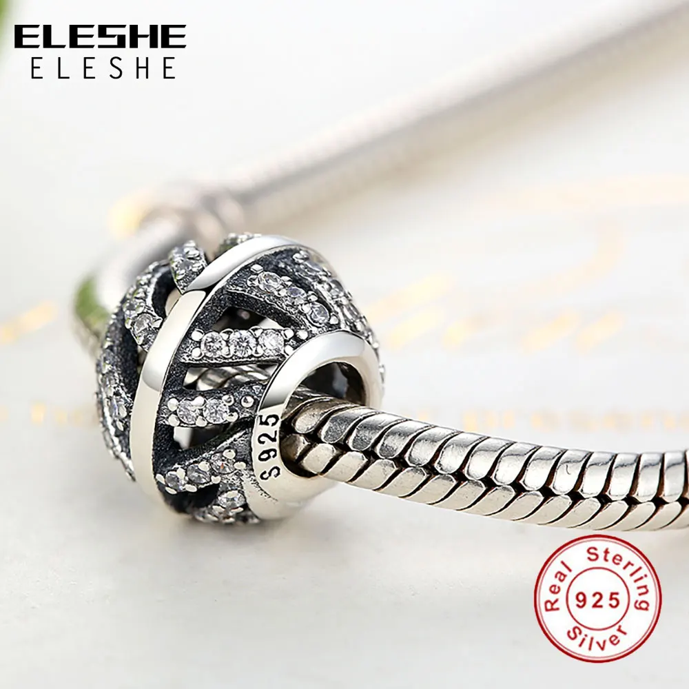ELESHE 925 Sterling Silver Openwork Crystal Leaf Bead & Charm Fit Original Bracelet Necklace DIY Jewelry Making