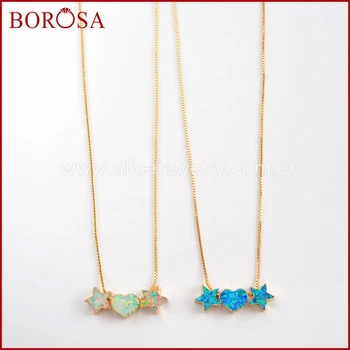 

BOROSA 3PCS 17inch Heart & Double Stars Gold Color White/Blue Japanese Opal Beads Pendant Necklace Jewelry for Women G1574