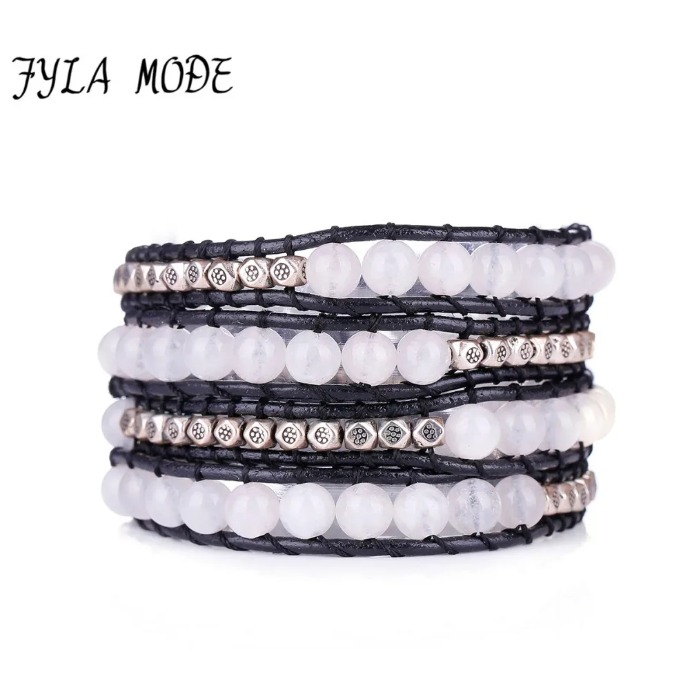 Fyla Mode Exquisite 6MM Natural Stone 4 Layers Leather Wrap Bracelet Wholesale Genuine Leather ...