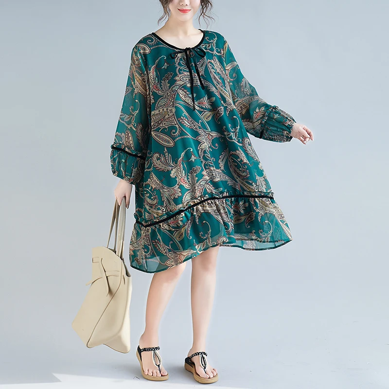 

Casual Printed Loose Chiffon Dress Women Holiday Wear 2019 New Spring Plus Size Long Sleeve Elegant Ladies Dresses Bowtie Neck