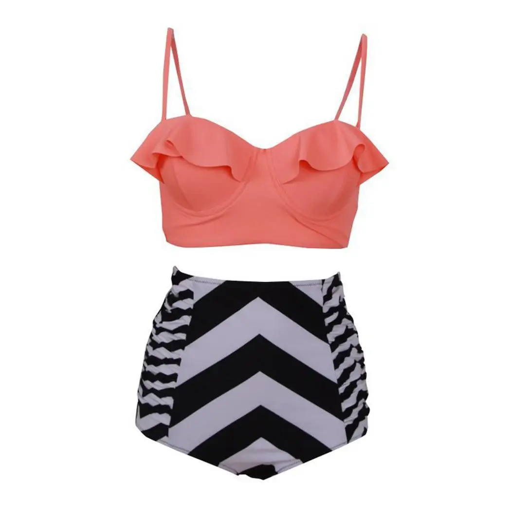 

Women V-Neck Sleeveless Spaghetti Strap Ruffled Sexy Patchwork Skirt Bikini Set Swimwear Swimming Pool, Beach