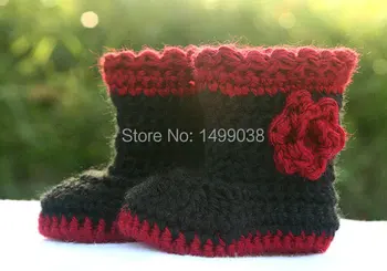 

Crochet Baby Booties - Baby Winter Boots - Handmade Black and Red Baby Girl shoes - Warm Crocheted Fashion Baby Shoes