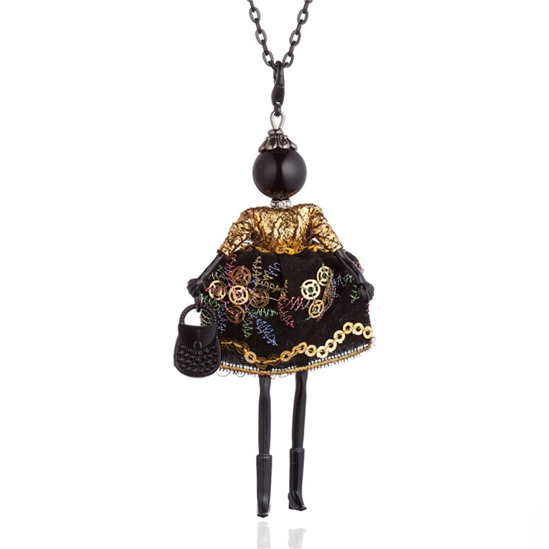

Gold Purple Chinese Embroidered Long Dress Doll Necklaces Black Long Chain Collar Necklace For Women Statement Jewelry Bijoux
