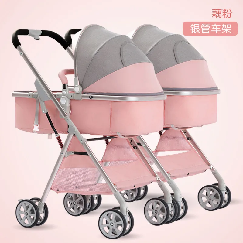 Детские коляски для близнецов, можно разрезать и сидеть, высокий пейзаж, Детский Светильник, складная детская двойная коляска - Цвет: pink c