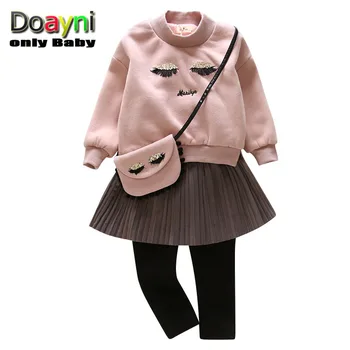 

Doayni Baby Bags as gift girls Thick Warm Clothing Sets O-ieck Velvet Sweatshirt+Pleated Skirts Pants+Matched Bags Pink Purple