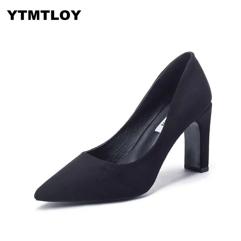 Plus Size 35-43 Size Women 10cm Block High Heels Bridal Scarpin Pumps Ladies Pointed Toe Black khaki Plaza Heels Female Shoes
