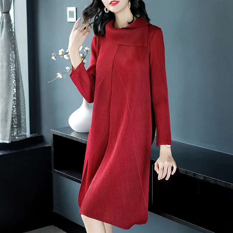 

Women Casual Pleated Solid Color Autumn Fall Loose Lady Elegant Free Size One Piece Dress