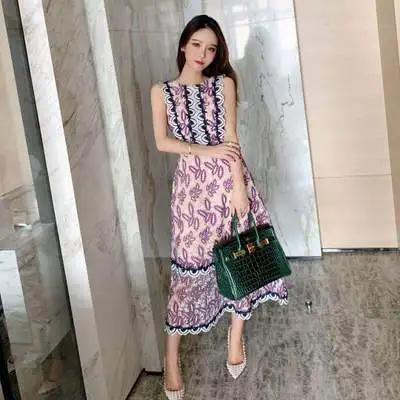 

Web Yarn Embroidery Splicing Lace Trim Body Thin A Dress 2019 O-Neck Off The Shoulder Zippers Sleeveless Print A-Line Dress