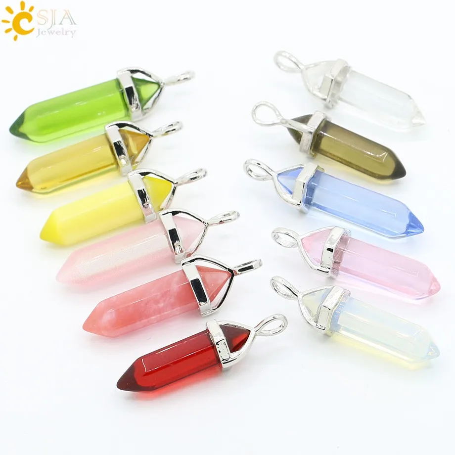 Hexagonal Prism Healing Point Glass Cat's Eye Opal Pendants
