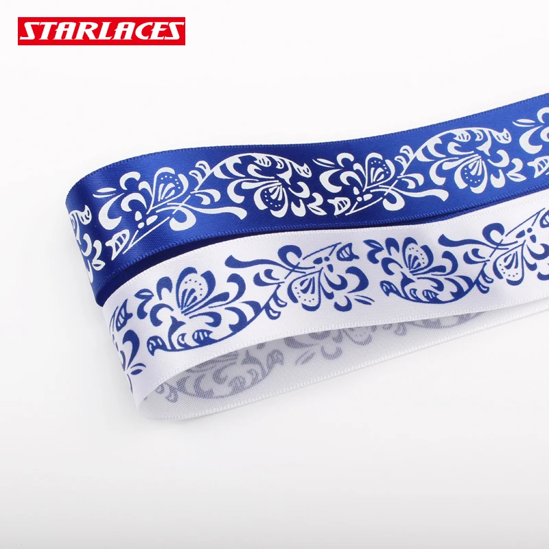 8yards/lot 25mm blue white flowers printed ribbon polyester ribbon DIY ...