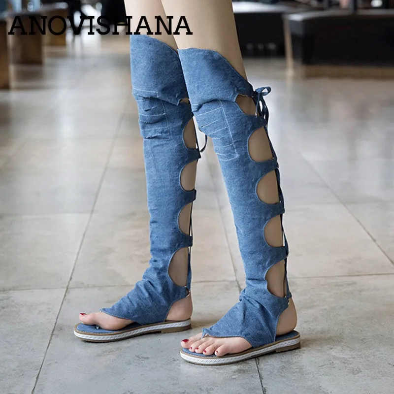 

ANOVISHANA Women Gladiator shoes Denim jeans summer boots Low heels Over the knee high boots lady blue shoes Clip toe size 43