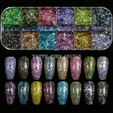 12 сеток/набор, высокое качество, голографический блеск, неправильный фрагмент, порошок, акриловое украшение для ногтей, можно смешивать с гелем, сделай сам, CT25
