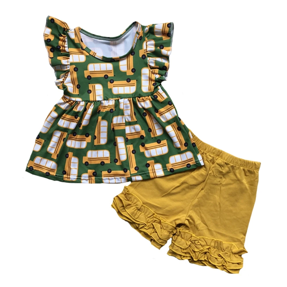 

yellow bus back to school girls clothing set outfit flutter sleeve tops shirts ruffle shorts pants dress set