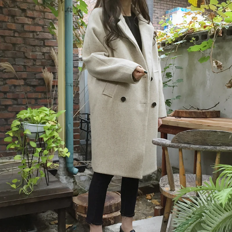 

Autumn and Winter New Women's Korean Slim Was Thin Pure Color Long-sleeved Temperament Medium-Long Section Casual Woolen Coat