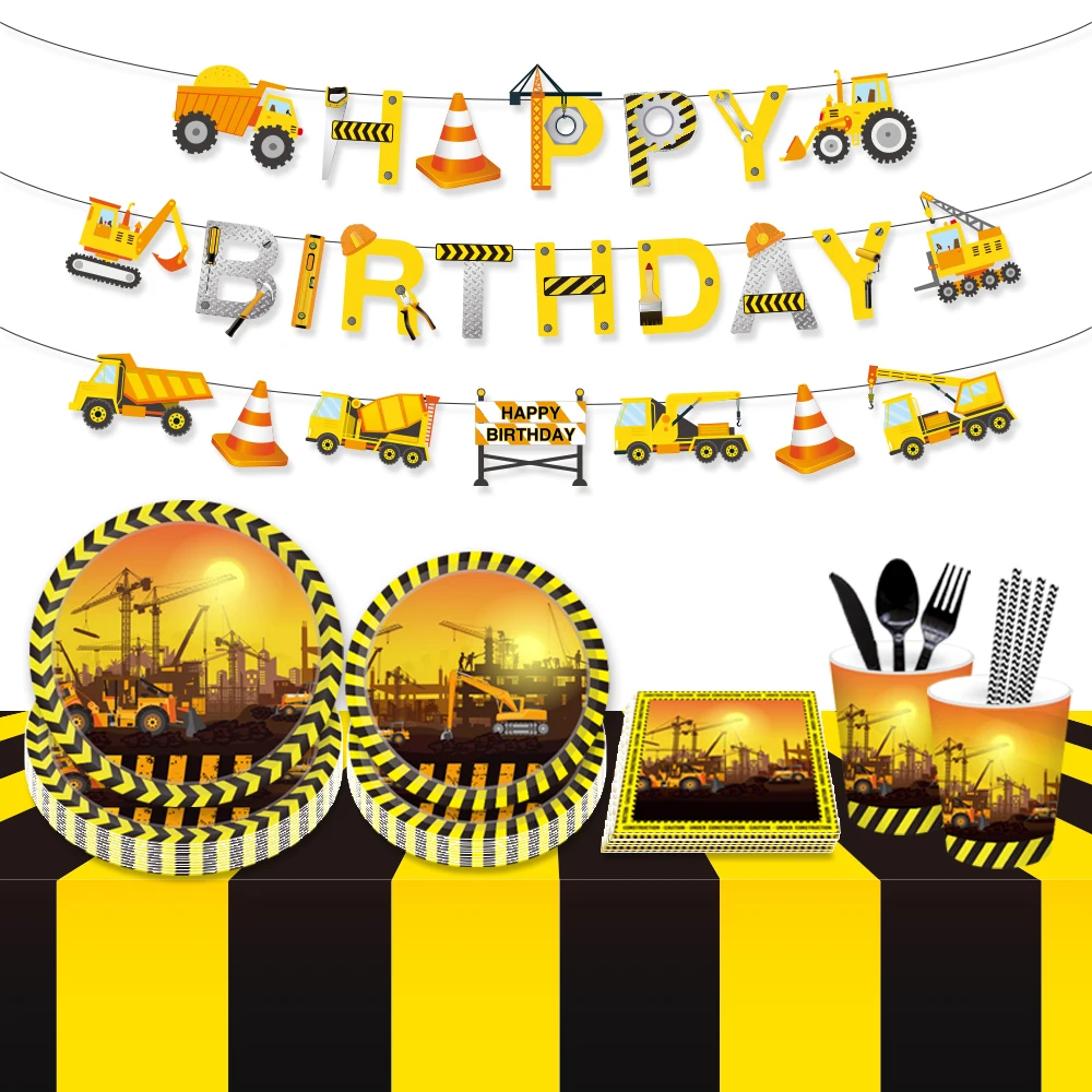

Excavator Construct Theme Party Disposable Tableware Sets Birthday Party Decortions Napkins Straws Plates Party Supplies MM009