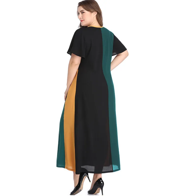 Vestido летнее платье женщина XL-5XL большой Размеры платье V Neck контраст Цвет короткий рукав Femme плюс Размеры длинное платье HY88061