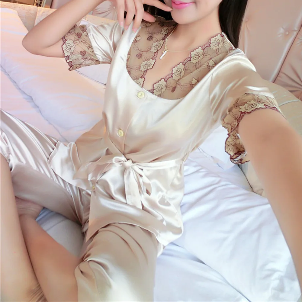 Летние женские кружевные шелковые пижамы с цветочным рисунком, комплекты из мягкого атласа, Топы+ штаны, одежда для сна, пижама, сорочка de nuit femme