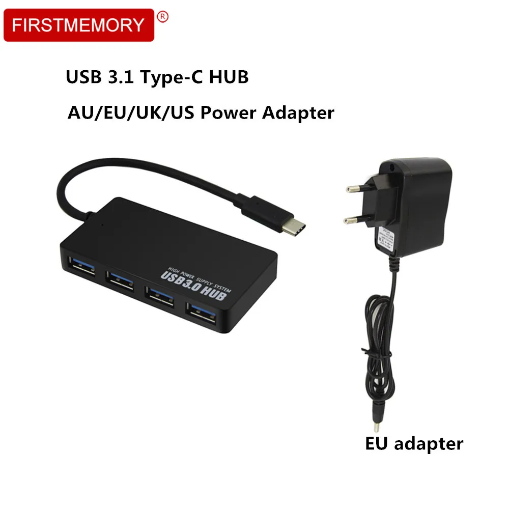 Тонкий 4 портовый USB разветвитель Mini Type C стандарта 3 0 OTG с адаптером питания AU/EU/UK/US