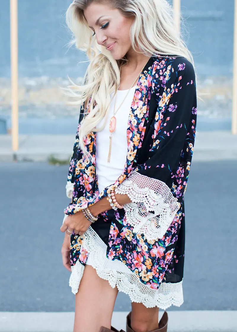 Charmed Chiffon Printing Cardigan Sunscreen Beach Kimono Summer Boho Women Floral Loose Shawl Long Sleeve Lace Blouse wz*