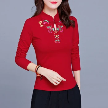 

Vintage Ethnic Embroidery Long sleeve T shirt Women Stand collar 95% Cotton Plus size Ladies Tee Shirts Tops Autumn Bottoming