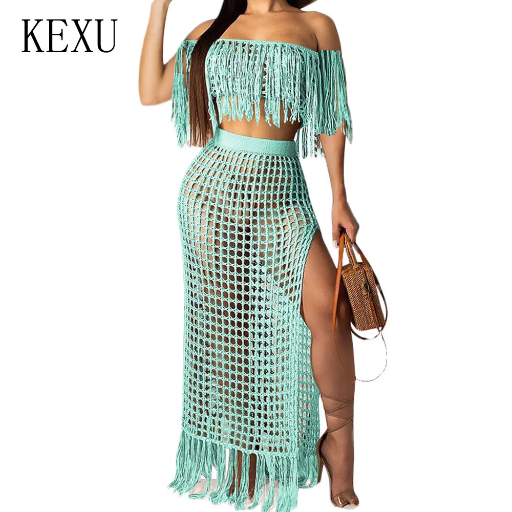 KEXU Summer Hollow Out Fashion Grid Tassel Perspective Two-piece Dress Elegant Off Shoulder Knitting Crochet Beach Party Dress KEXU Summer Hollow Out Fashion Grid Tassel Perspective Two-piece Dress Elegant Off Shoulder Knitting Crochet Beach Party Dress