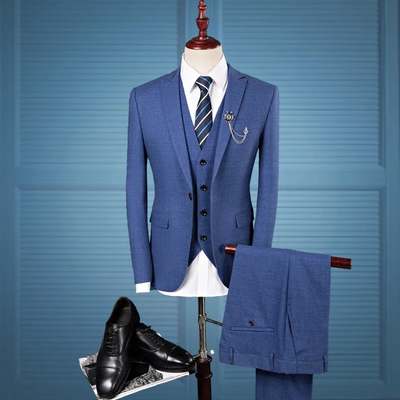 New Slim Fit Men Suits Wedding Groom Plus Size 4XL 2019 Gentleman Business Casual Tuxedo Dress Male Dark Gray Blue 3 Pieces Suit
