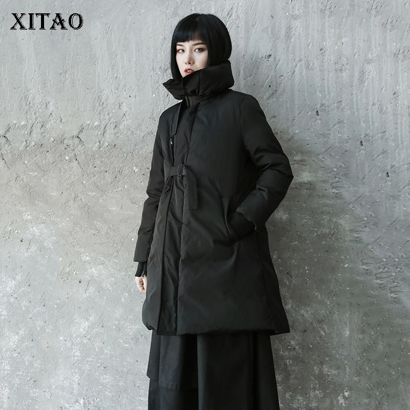 2018 Hiver xitao De Longues Femelle Col Couleur Plein Bandage Nouvelles Manteau Manches Mode Parka Femmes Corée Roulé Solide Black Lyh2380 0r0AYqw