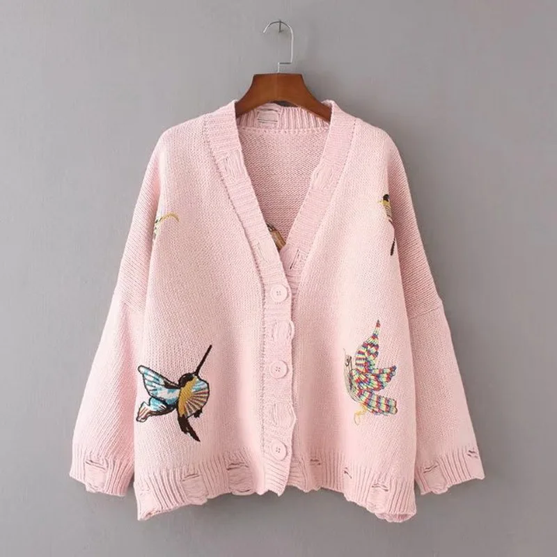 

2017 Winter Fashion Embroidery Birds Women Cardigans Lady Knitted Tops Sweaters Single Breasted Loose Long Sleeve