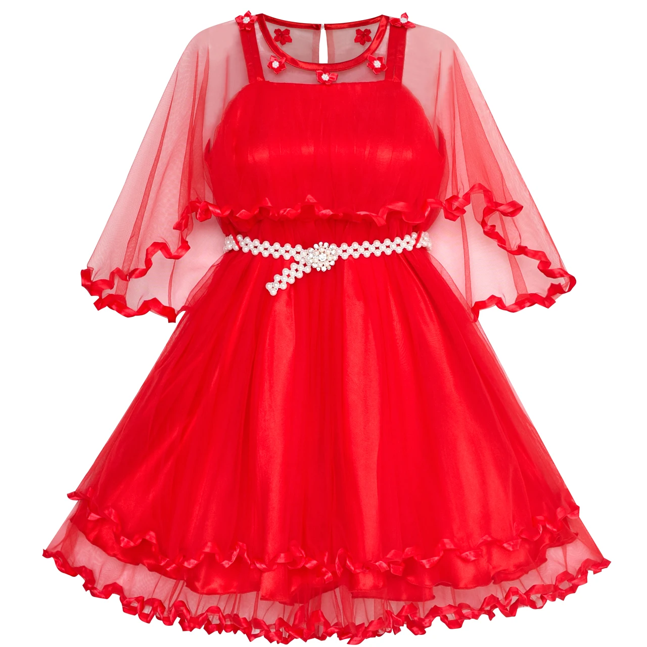Sunny Fashion платья для девочек Цветок Девушка Платье красный мыс Жемчуг Ремень