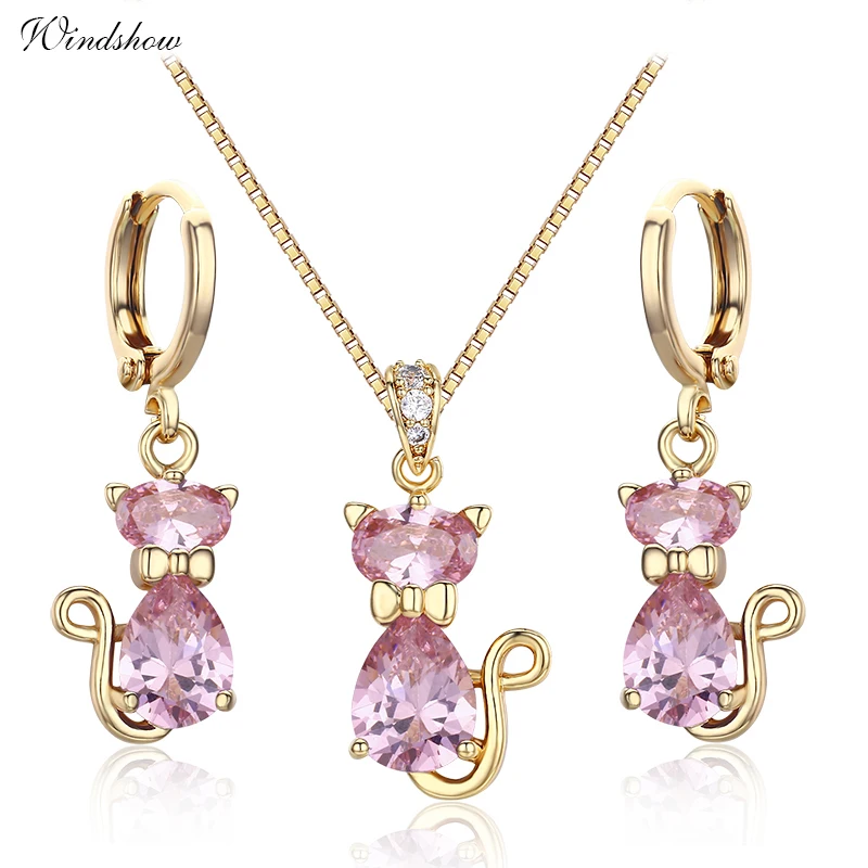 

Cute Kittens Cats Pink CZ Stones Pendants Necklaces Drop Earrings Yellow Gold Color Jewelry Sets For Women Children Girls Kids