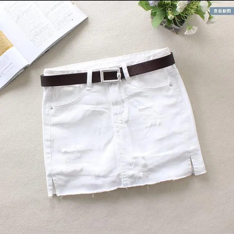 Женские белые рваные джинсовые юбки с дырками, хлопковая мини-юбка с разрезом, женская модная посылка, сексуальная джинсовая юбка Saias J2886