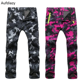 

Aufdiazy Men&Women Winter Camo Fleece Softshell Camping Hiking Pants Outdoor Sports Waterproof Windproof Thermal Trousers IM007