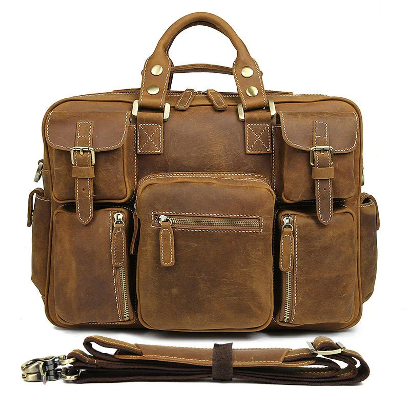 Деловой мужской портфель из натуральной кожи, мужская сумка 733-40, европейская ретро кожаная сумка Crazy Horse, мужская сумка с несколькими карманами - Цвет: pale brown
