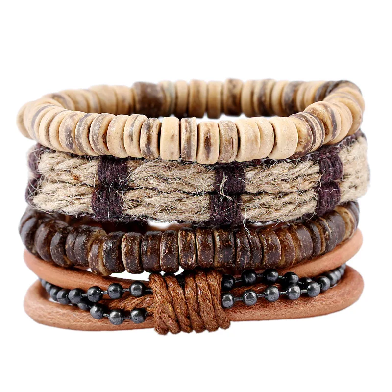 

DIY Rope Braided Leather Wood beads Bracelet Set for Man Woman Casual Wristband Hand Jewelry Gift Drop shipping 4 PCS/Set