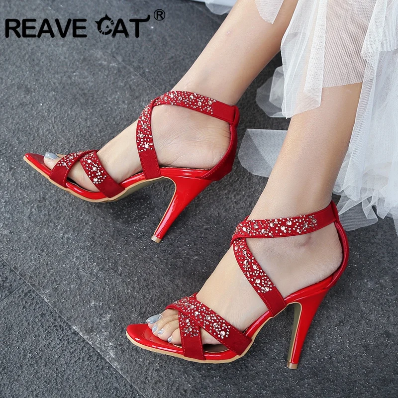Женские Блестящие Босоножки REAVE CAT летние туфли из флока на высоком каблуке
