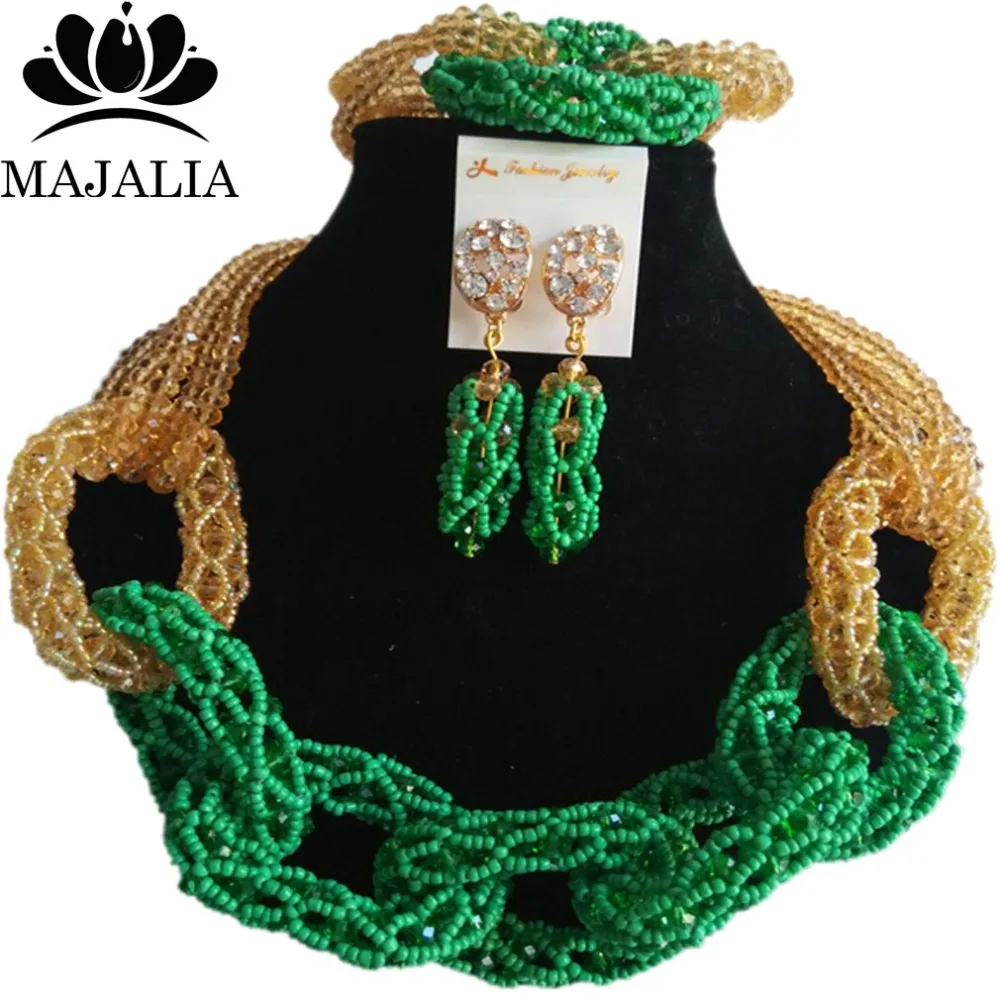 Majalia nouvelle mode mariage nigérian ensemble de bijoux africains vert et Champagne cristal colli