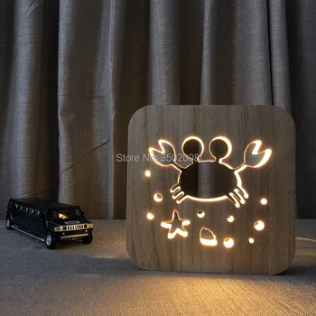 

Cartoon cute crab shape wooden hollow design night light USB lamp for children birthday present or bedroom decoration